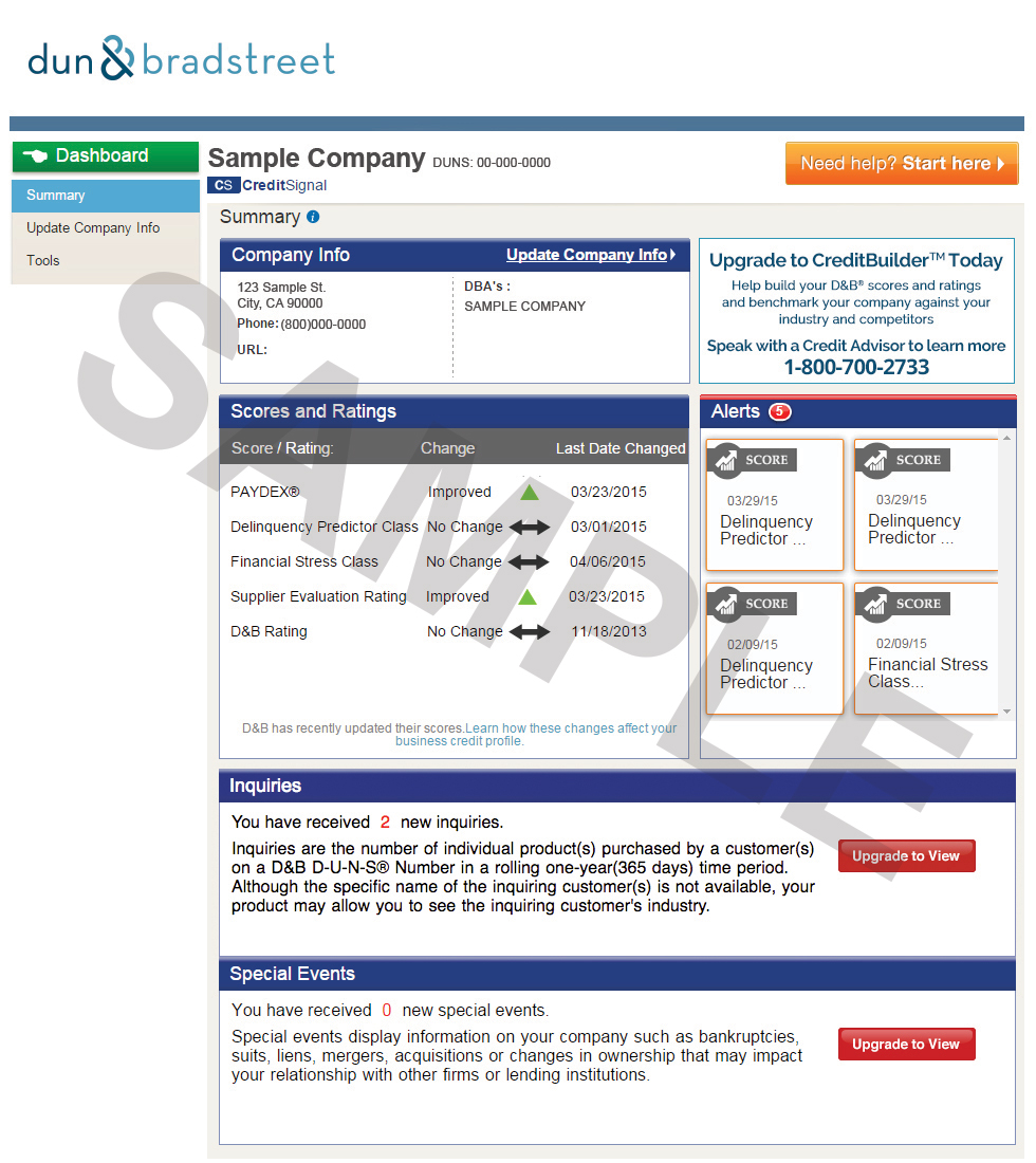 CreditSignal report gives you alerts to changes in your D&B® credit scores and rating. Receive a monthly summary of activity in your business credit file.